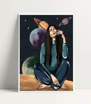 Ilustración de mujer sentada en la luna con planetas